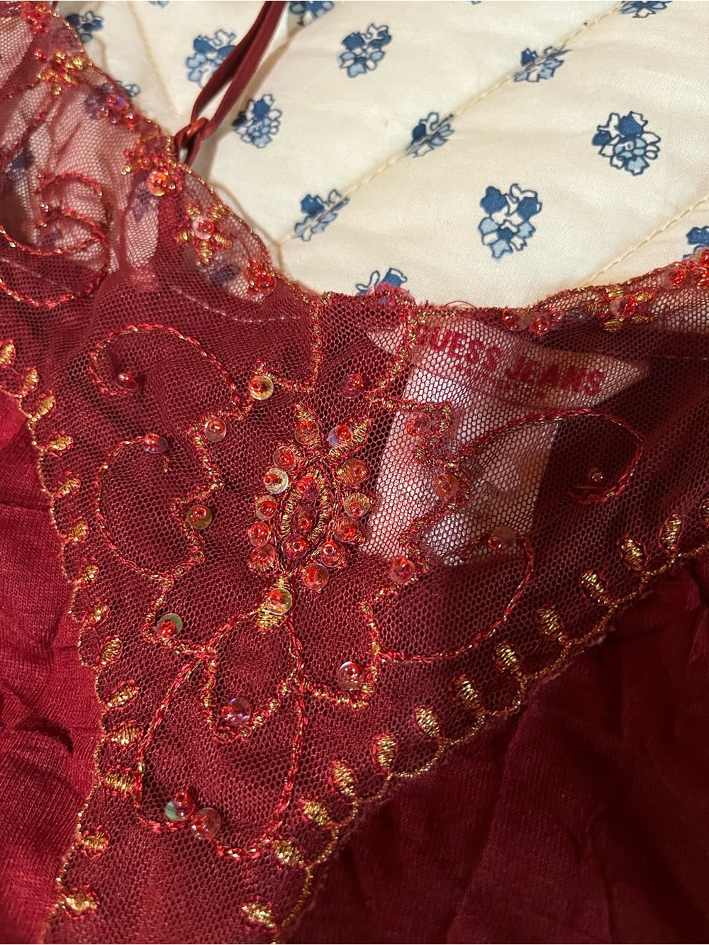 Guess Burgundy Sheer Spaghetti-Strap Top